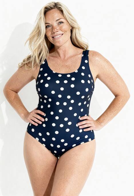 Kostium kąpielowy, kropki, bez miękkich miseczek, okrągły dekolt