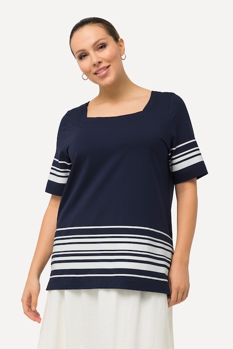 Striped Hem Square Neck Short Sleeve Tee