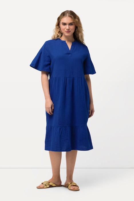 Textured Short Sleeve Split Neck Muslin Dress