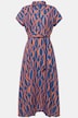 Leinenmix-Kleid, Allover Print, Hemdkragen, Taillengürtel, Halbarm