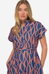 Leinenmix-Kleid, Allover Print, Hemdkragen, Taillengürtel, Halbarm
