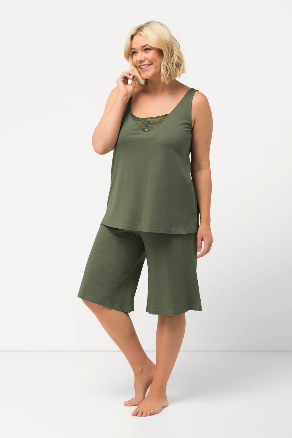grandes tailles pyjama court avec dentelle, femmes, vert, taille: 60/62, coton/fibres synthétiques, ulla popken