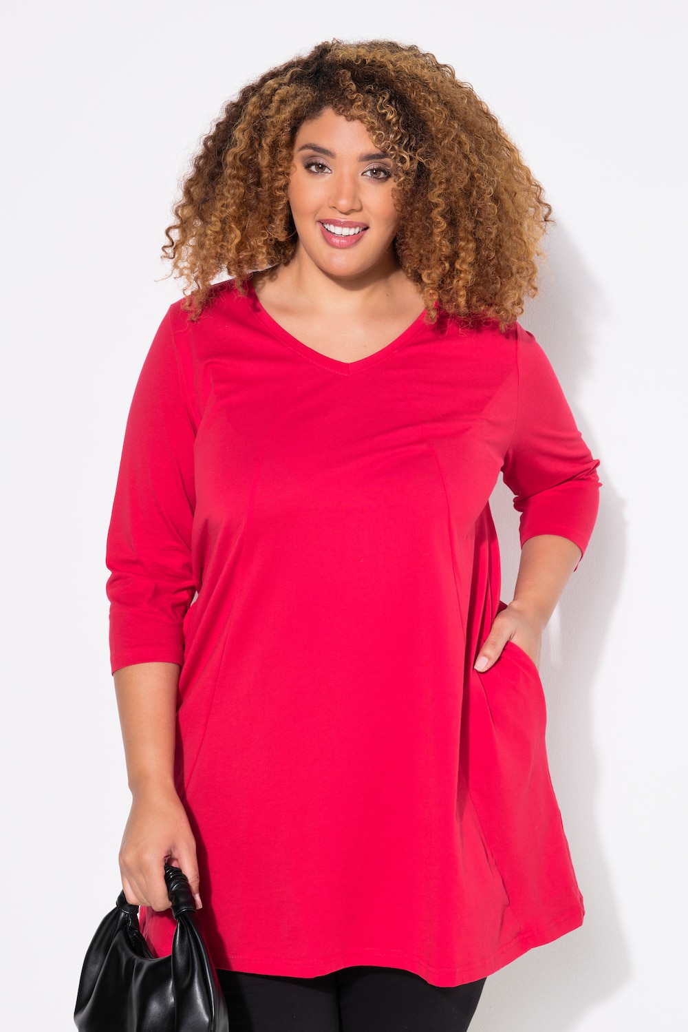 Longshirt, Ziernähte, A-Linie, V-Ausschnitt, 3/4-Arm