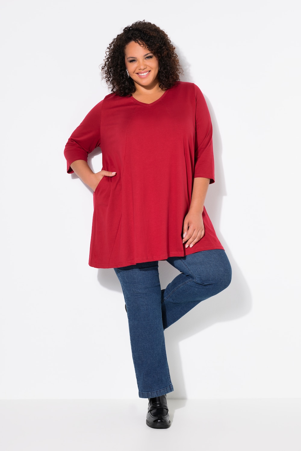 Longshirt, Ziernähte, A-Linie, V-Ausschnitt, 3/4-Arm
