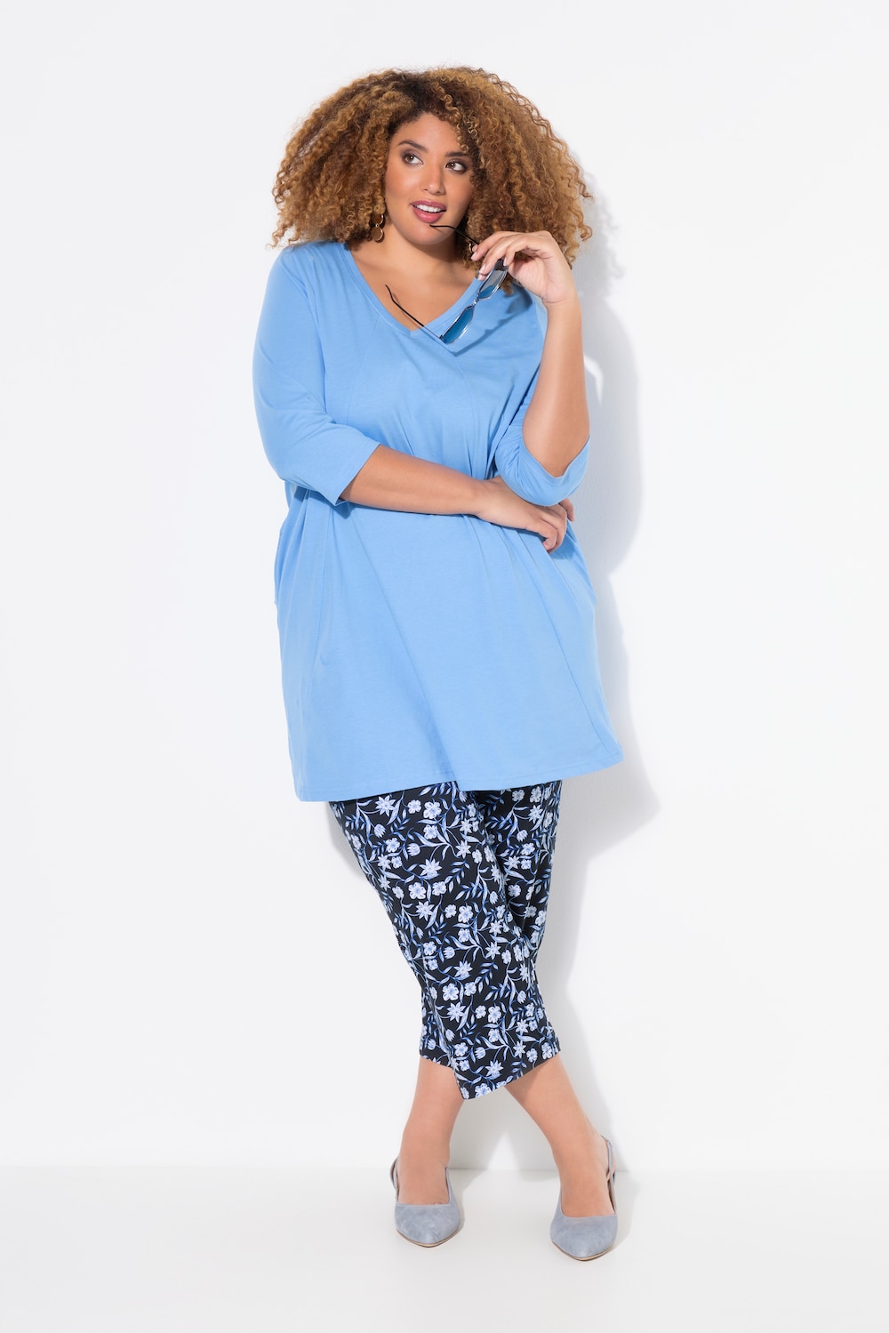 Longshirt, Ziernähte, A-Linie, V-Ausschnitt, 3/4-Arm