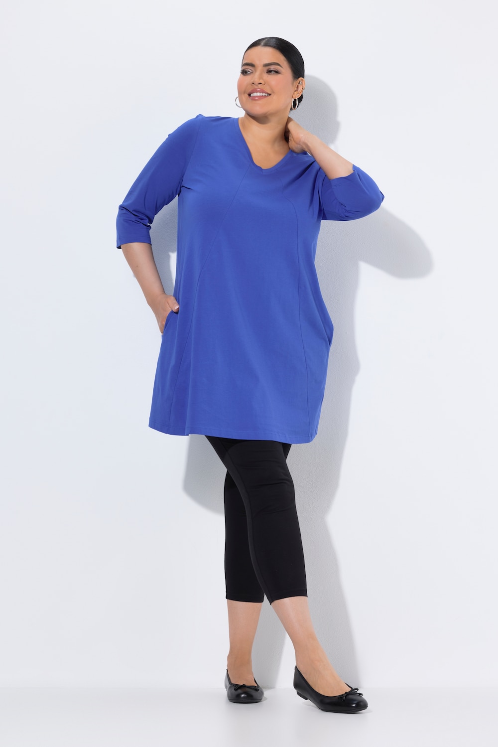 Longshirt, Ziernähte, A-Linie, V-Ausschnitt, 3/4-Arm