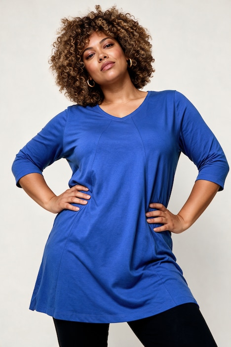 Longshirt, Ziernähte, A-Linie, V-Ausschnitt, 3/4-Arm