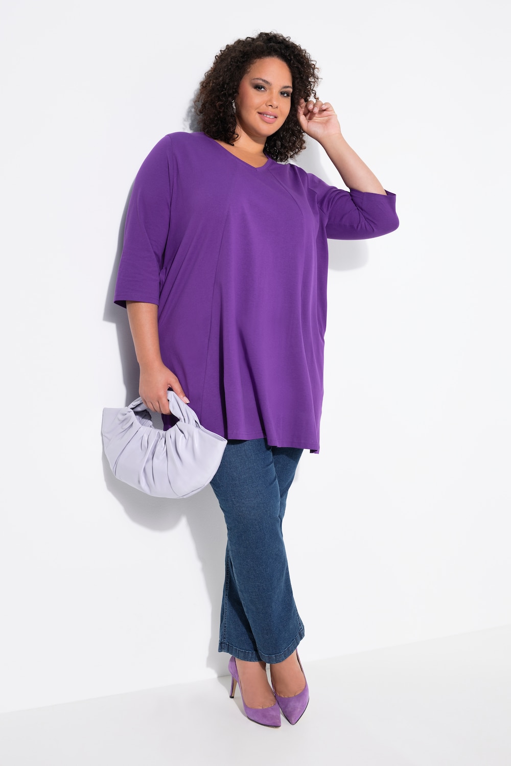 Longshirt, Ziernähte, A-Linie, V-Ausschnitt, 3/4-Arm