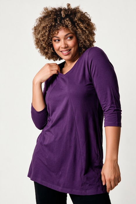 Longshirt, Ziernähte, A-Linie, V-Ausschnitt, 3/4-Arm