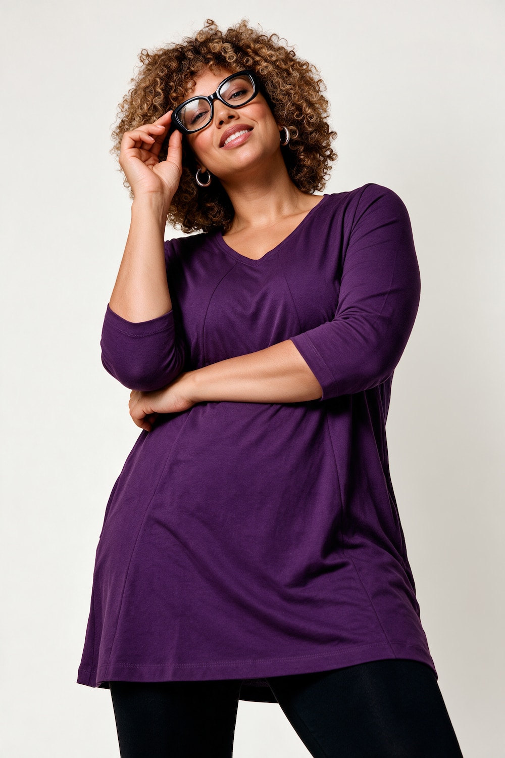 Longshirt, Ziernähte, A-Linie, V-Ausschnitt, 3/4-Arm