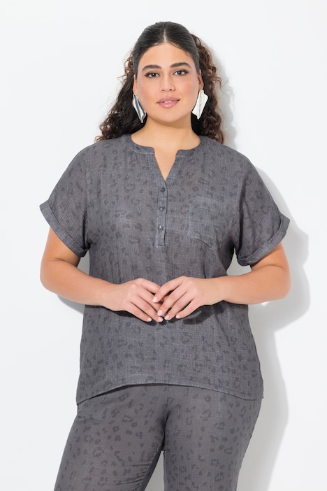 Musselin-Bluse, Oversized, Tunika-Ausschnitt, Halbarm