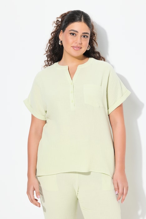 Musselin-Bluse, Oversized, Tunika-Ausschnitt, Halbarm