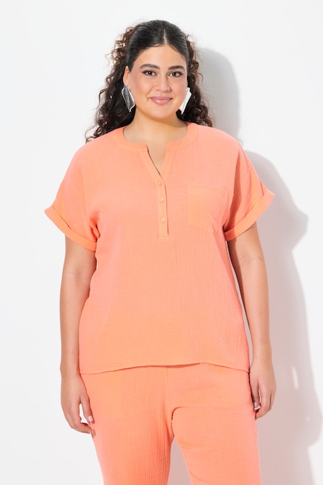 Musselin-Bluse, Oversized, Tunika-Ausschnitt, Halbarm