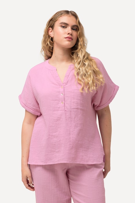 Musselin-Bluse, Oversized, Tunika-Ausschnitt, Halbarm