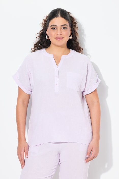 Musselin-Bluse, Oversized, Tunika-Ausschnitt, Halbarm