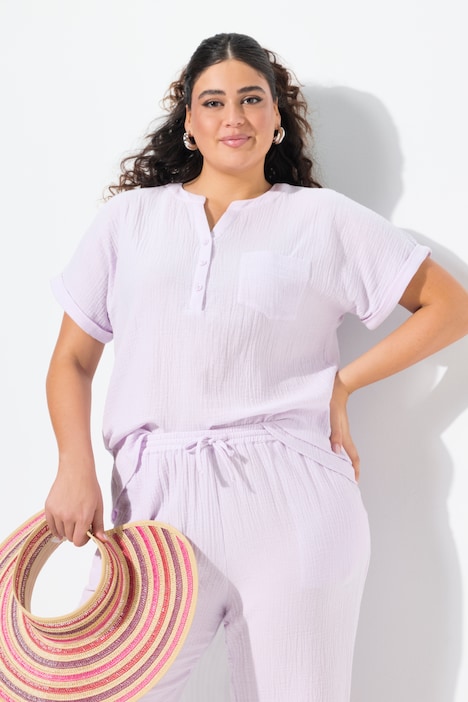 Musselin-Bluse, Oversized, Tunika-Ausschnitt, Halbarm