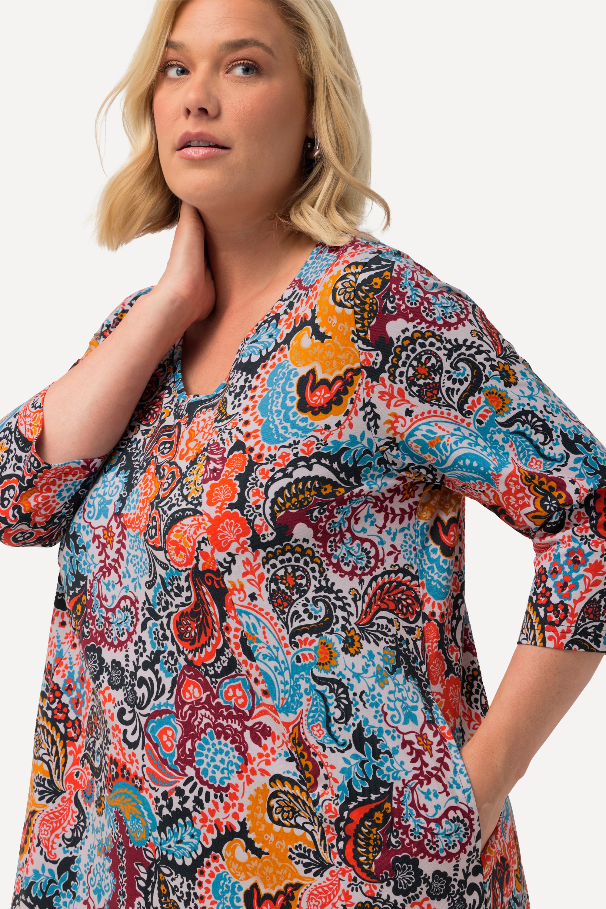 Ulla Popken Damen große Größen Longshirt Paisleymuster A Linie V Ausschnitt