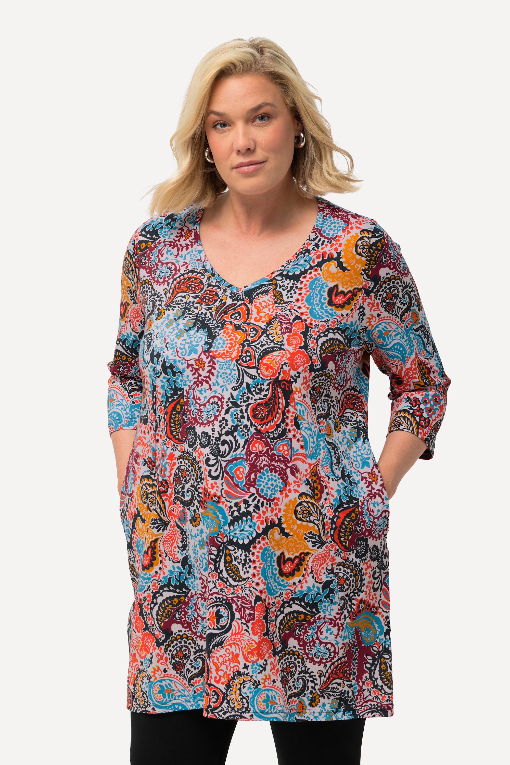 Ulla Popken Damen große Größen Longshirt Paisleymuster A Linie V Ausschnitt