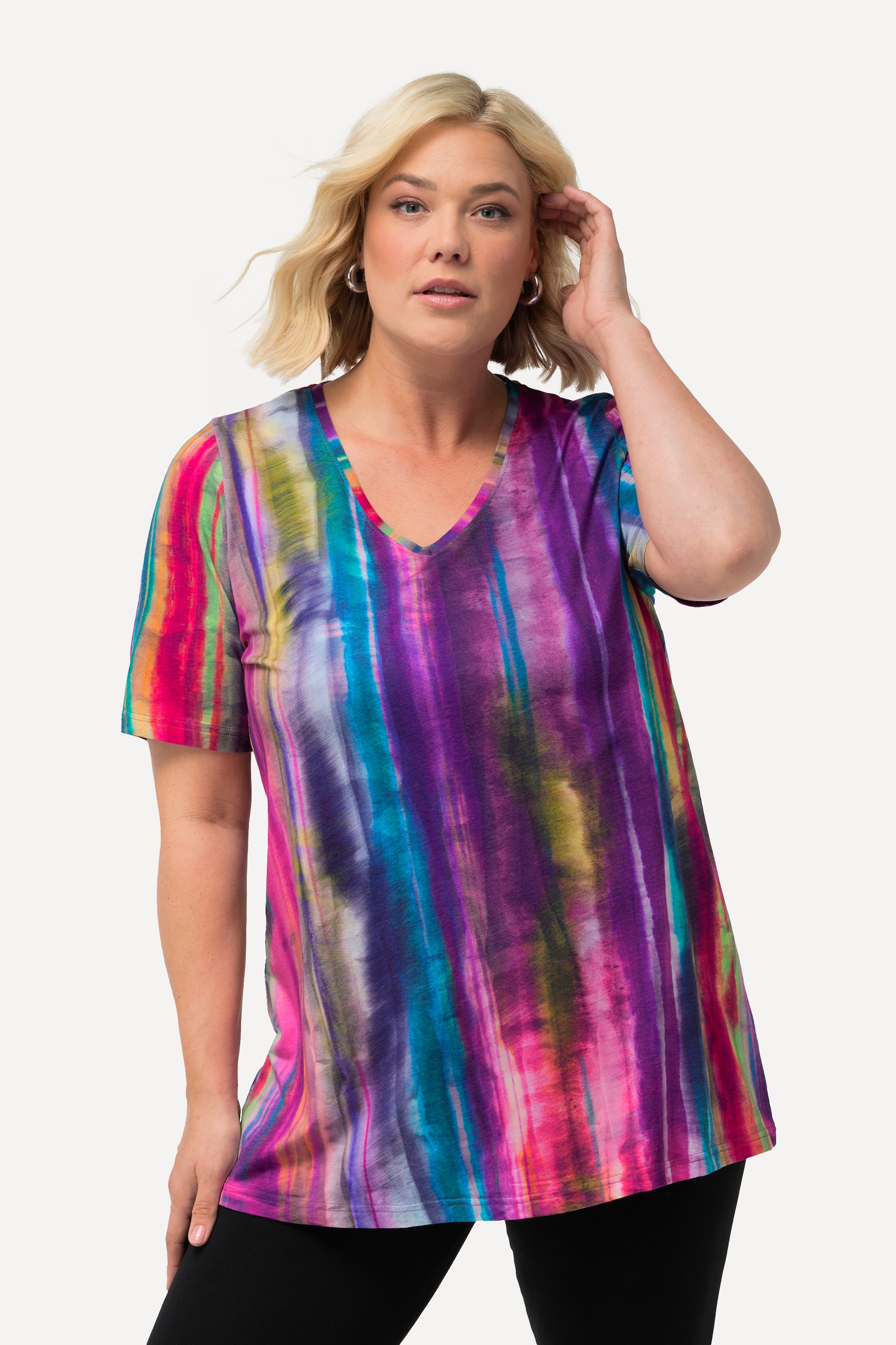 Ulla Popken Damen große Größen Longshirt Batikdruck A Linie V Ausschnitt