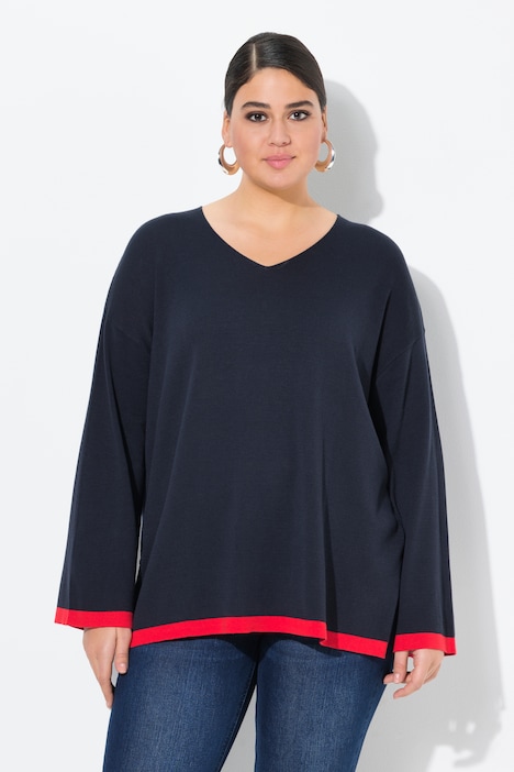 Contrast Cuff Long Sleeve V-Neck Sweater