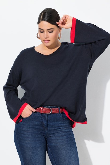 Contrast Cuff Long Sleeve V-Neck Sweater