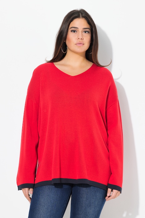 Contrast Cuff Long Sleeve V-Neck Sweater