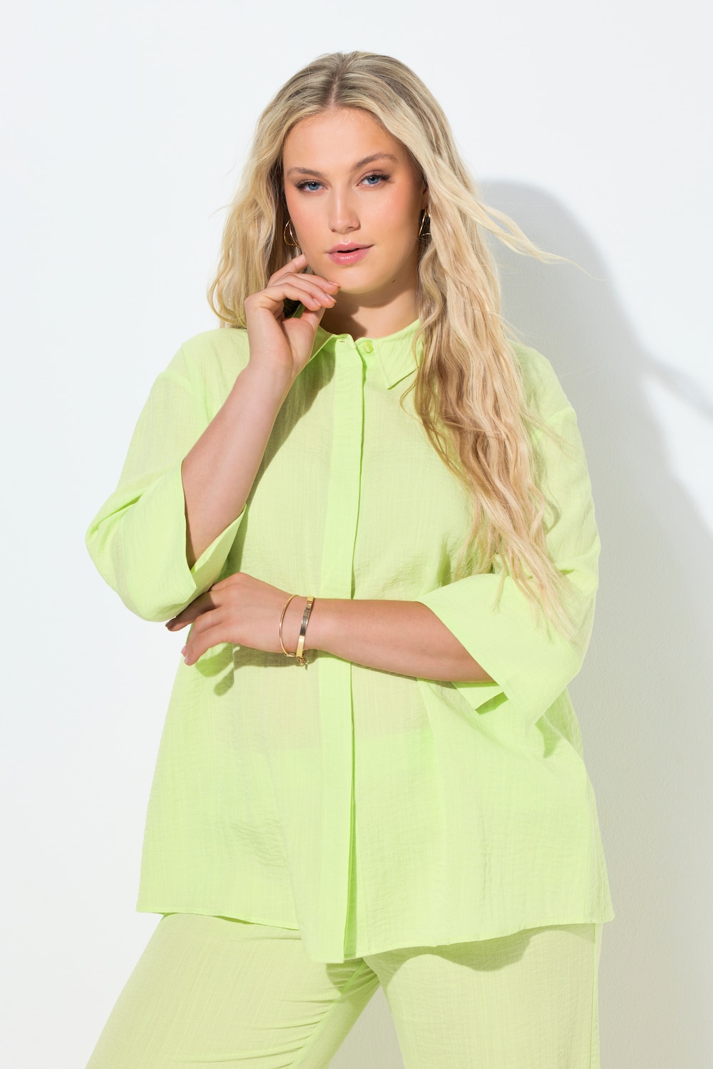 Overhemdblouse, achterplooi, overhemdkraag, 3/4-mouwen