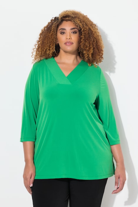 Matte Jersey V-Neck Swing Vented Three Quarter Sleeve Tunic