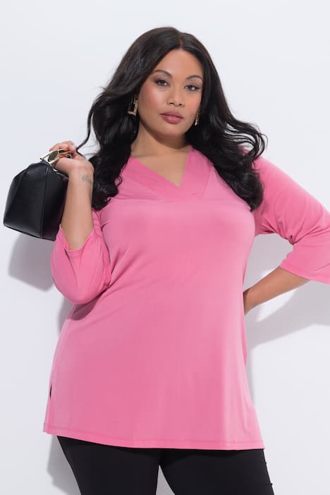 T-shirt long, décolleté en V et manches 3/4, coupe évasée