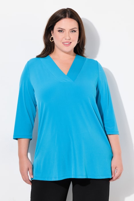 Matte Jersey V-Neck Swing Vented Three Quarter Sleeve Tunic