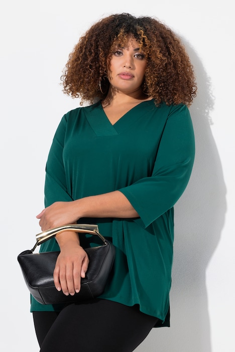 Matte Jersey V-Neck Swing Vented Three Quarter Sleeve Tunic