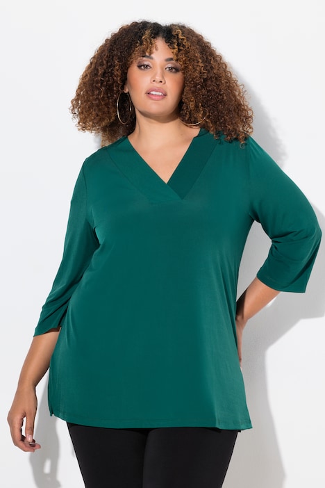 Matte Jersey V-Neck Swing Vented Three Quarter Sleeve Tunic