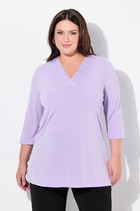 Matte Jersey V-Neck Swing Vented Three Quarter Sleeve Tunic