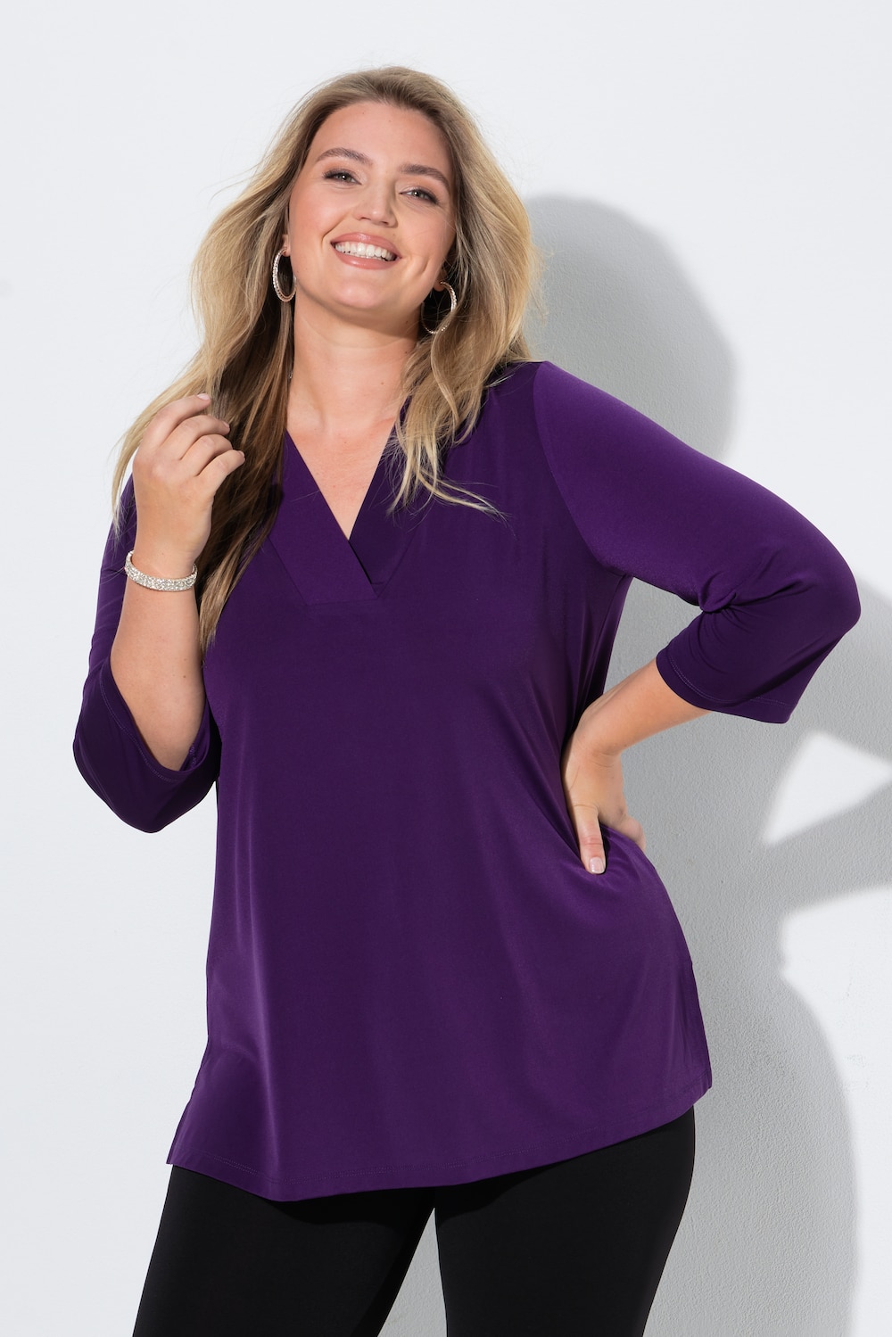 Longshirt, A-Linie, V-Ausschnitt, 3/4-Ärmel