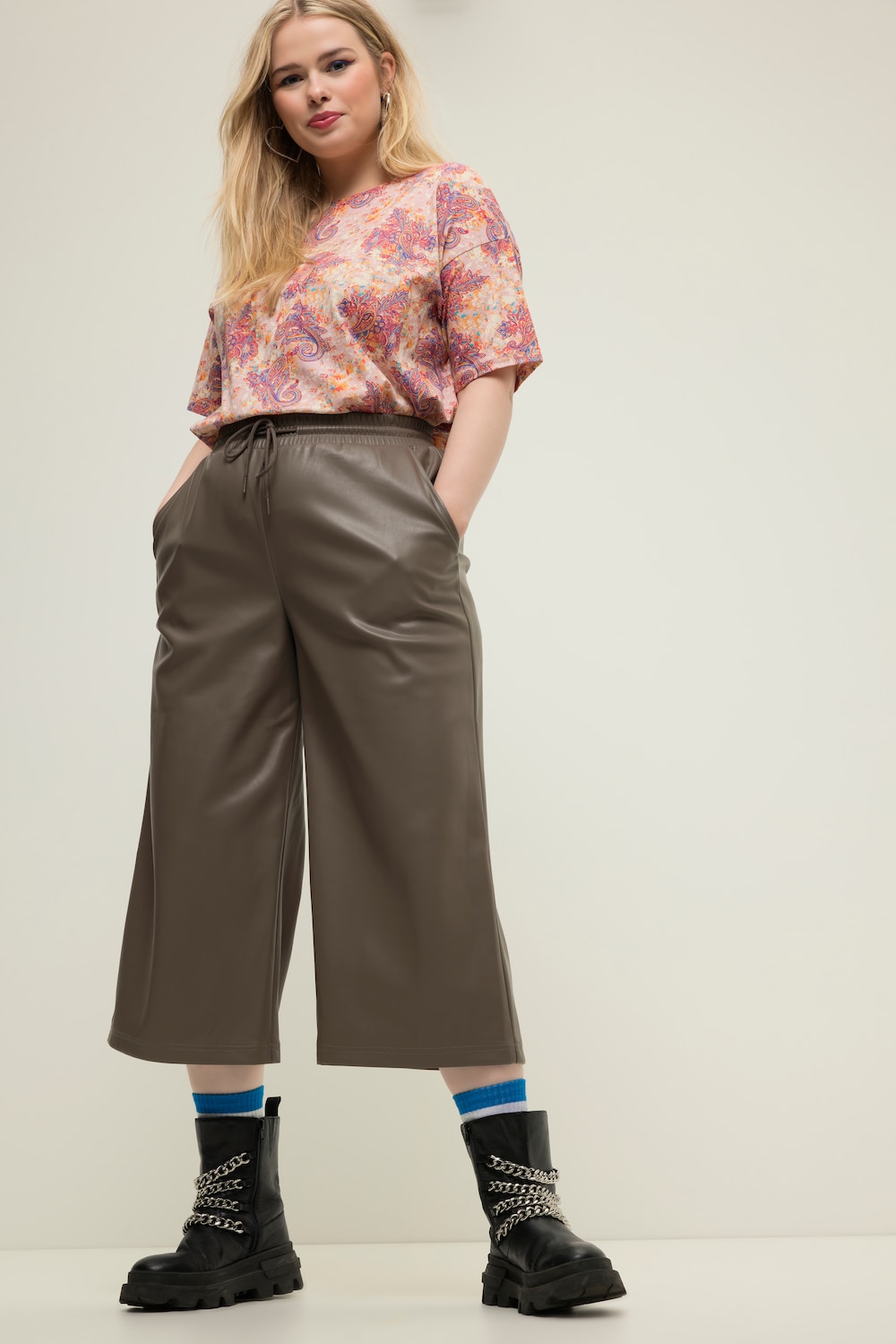 grandes tailles jupe-culotte large en similicuir, femmes, marron, taille: 48, polyester/fibres synthétiques, studio untold