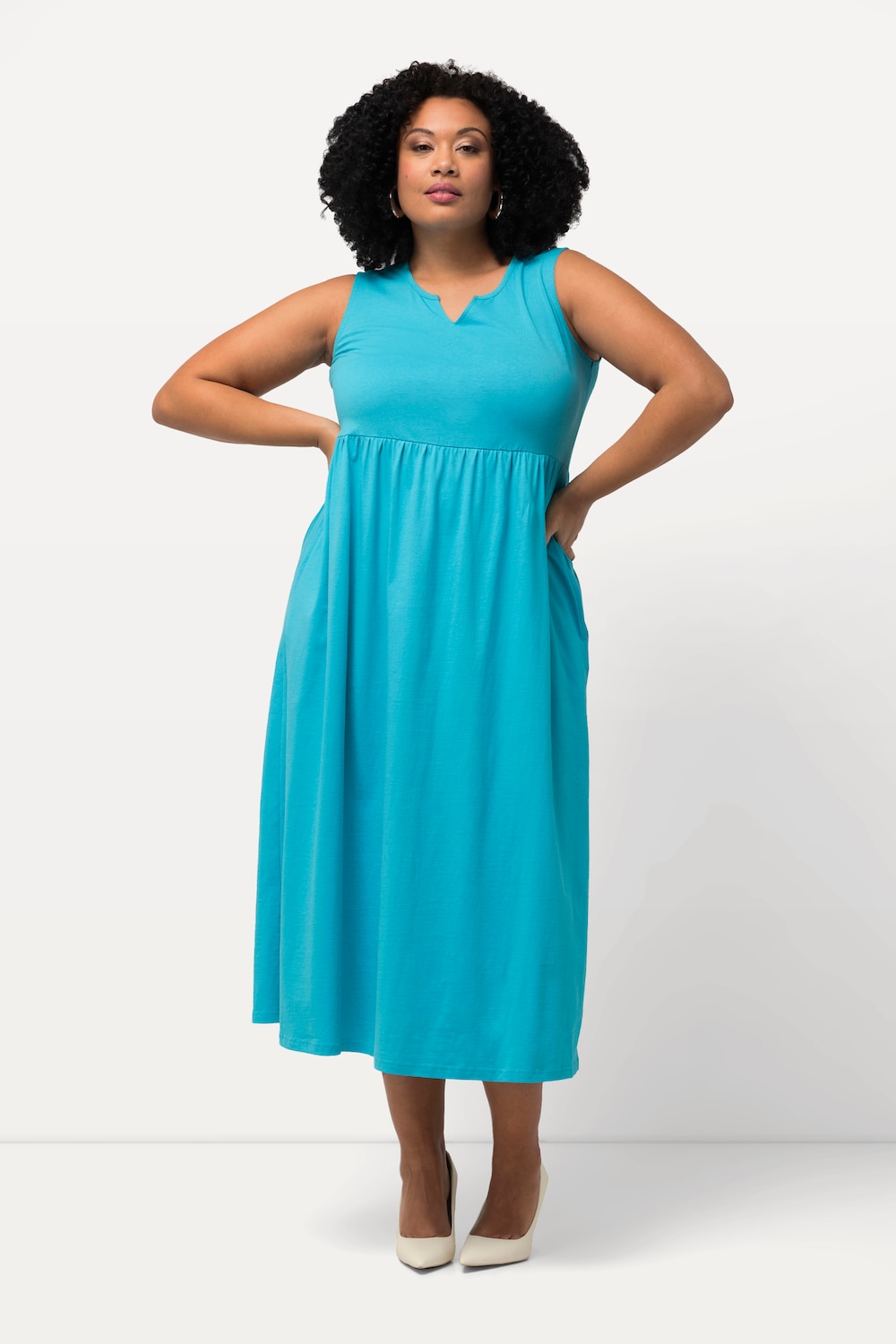 grandes tailles robe trapèze en jersey à col tunisien, femmes, turquoise, taille: 44/46, coton, ulla popken