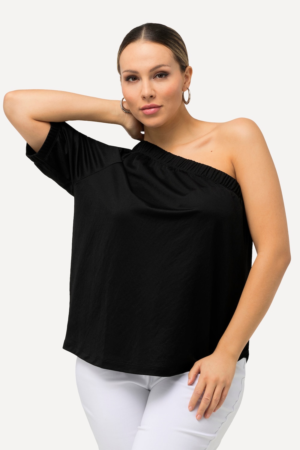 Grote Maten One shoulder blouse, Dames, zwart, Maat: 50/52, Synthetische vezels/Viscose, Ulla Popken