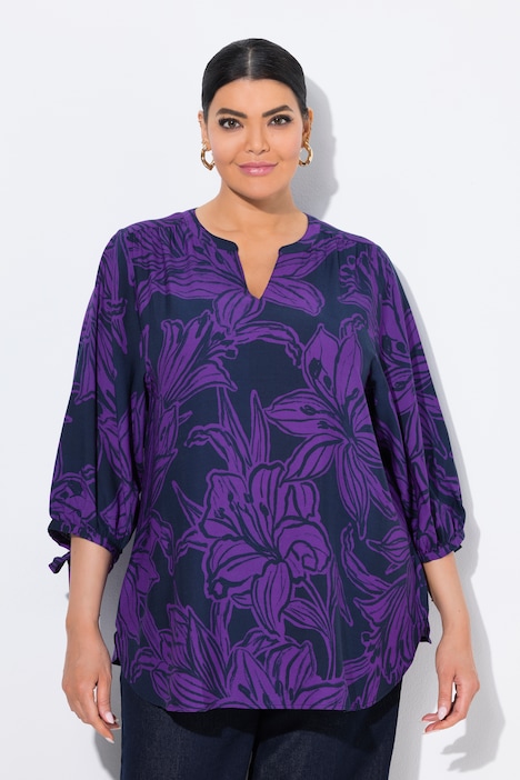 Tuniek, bloemen, A-lijn, tuniekhalslijn, 3/4-mouwen