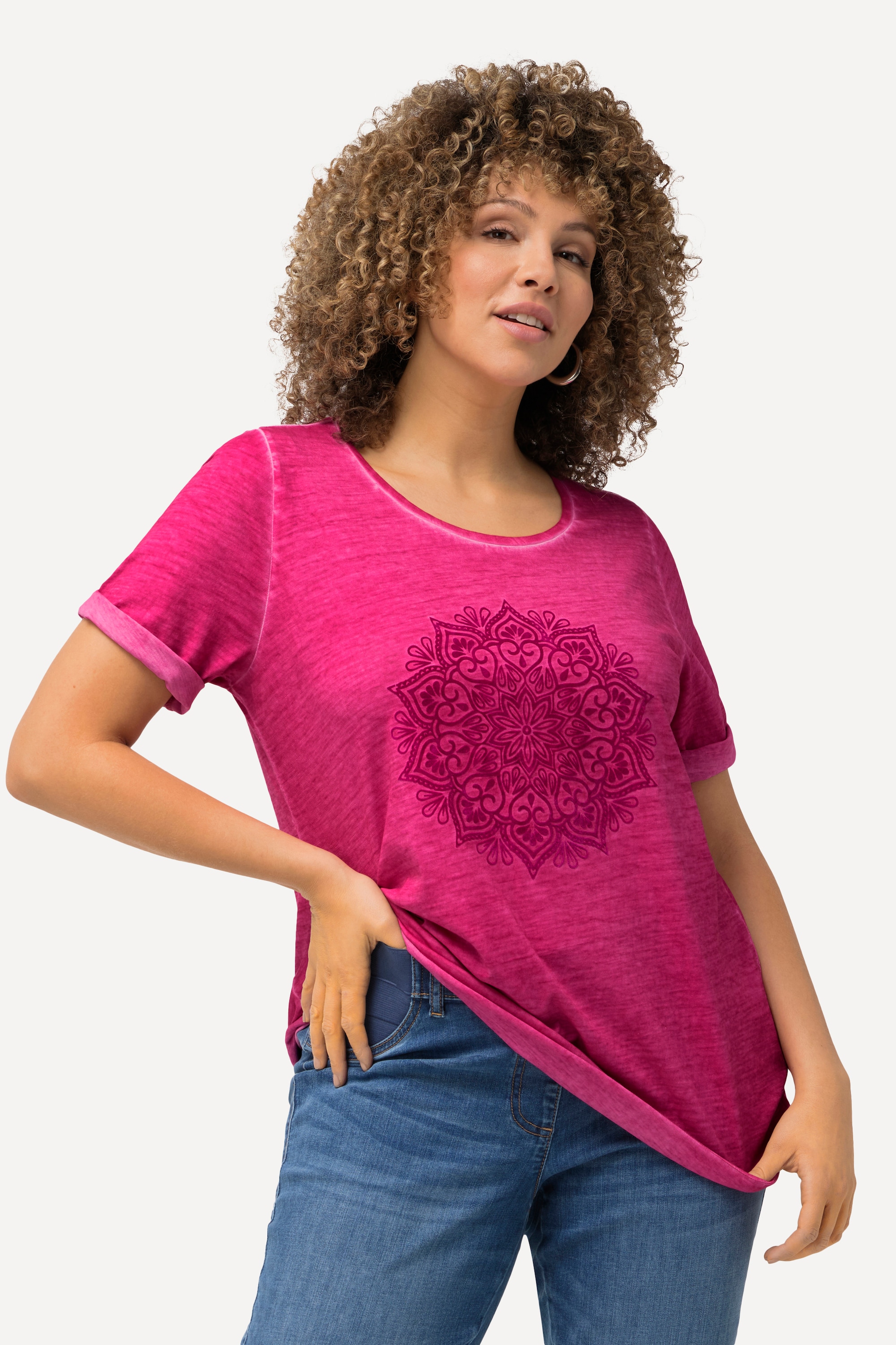 Ulla Popken Damen große Größen T Shirt Mandala Flockdruck Classic Rundhals