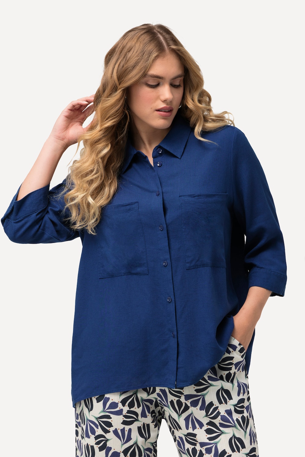 Grote Maten hemdblouse, Dames, blauw, Maat: 50/52, Viscose/Linnen, Ulla Popken