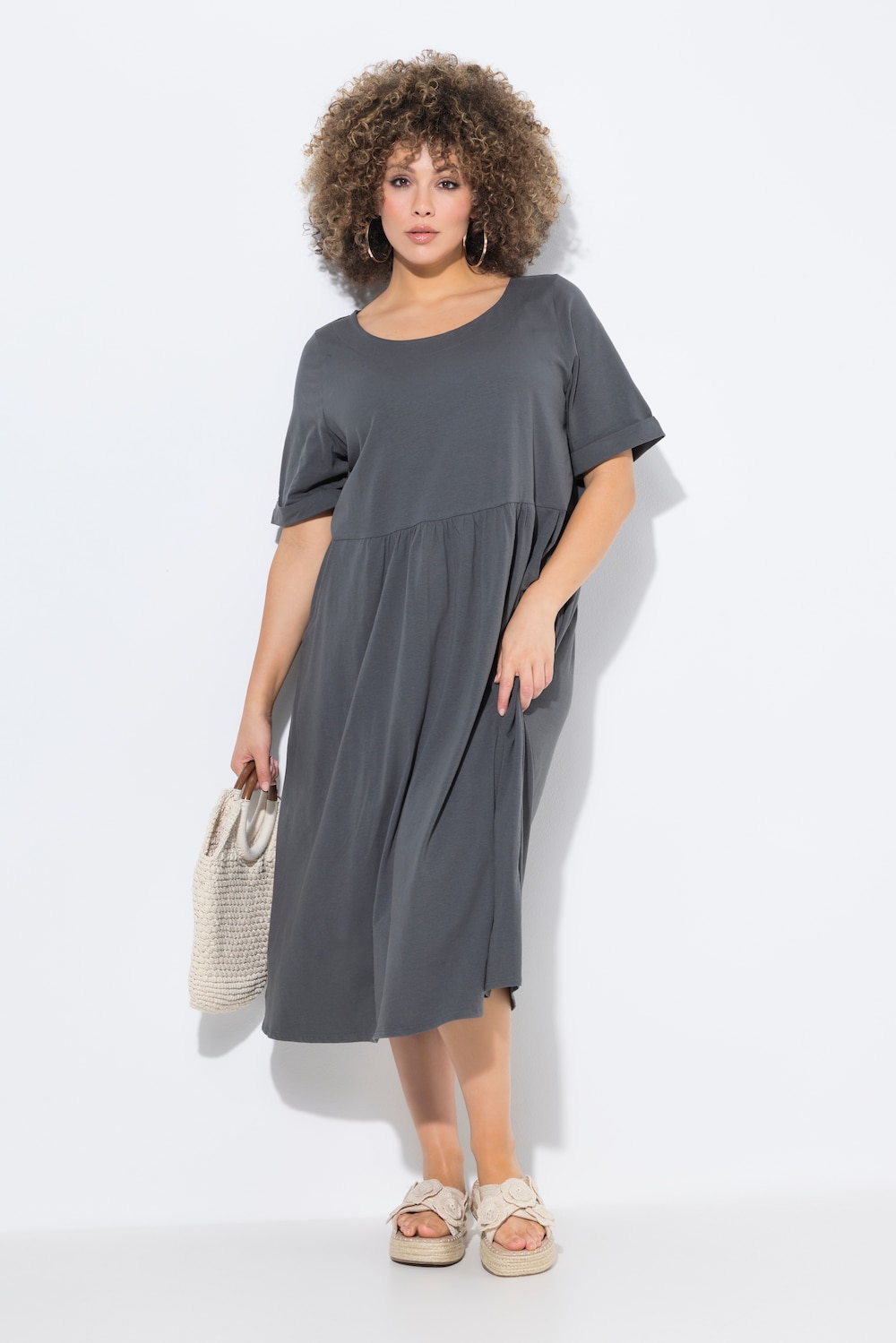 Jersey-Midikleid, A-Linie, Rundhals, Halbarm
