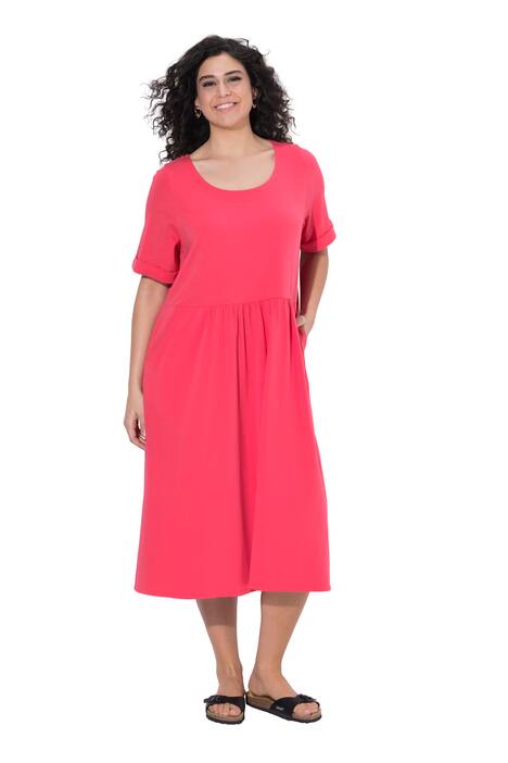 Žerzejové midi šaty, A střih, kulatý výstřih, krátké rukávy