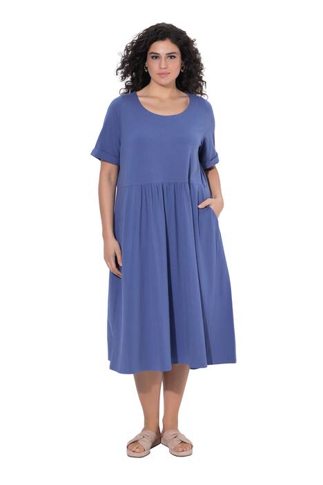 Žerzejové midi šaty, A střih, kulatý výstřih, krátké rukávy