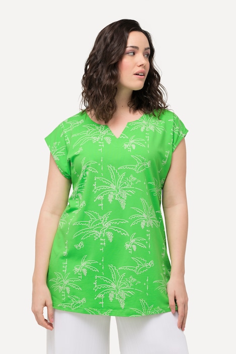 Palm Tree Print Split Neck Cap Sleeve Tee