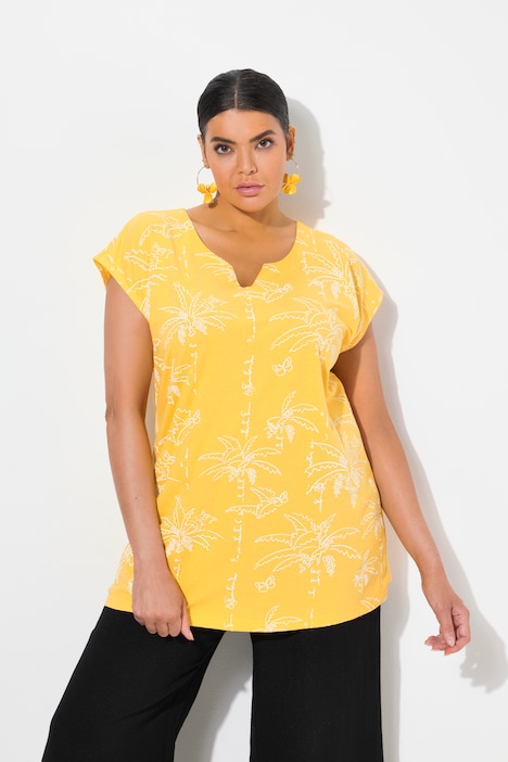 Palm Tree Print Split Neck Cap Sleeve Tee