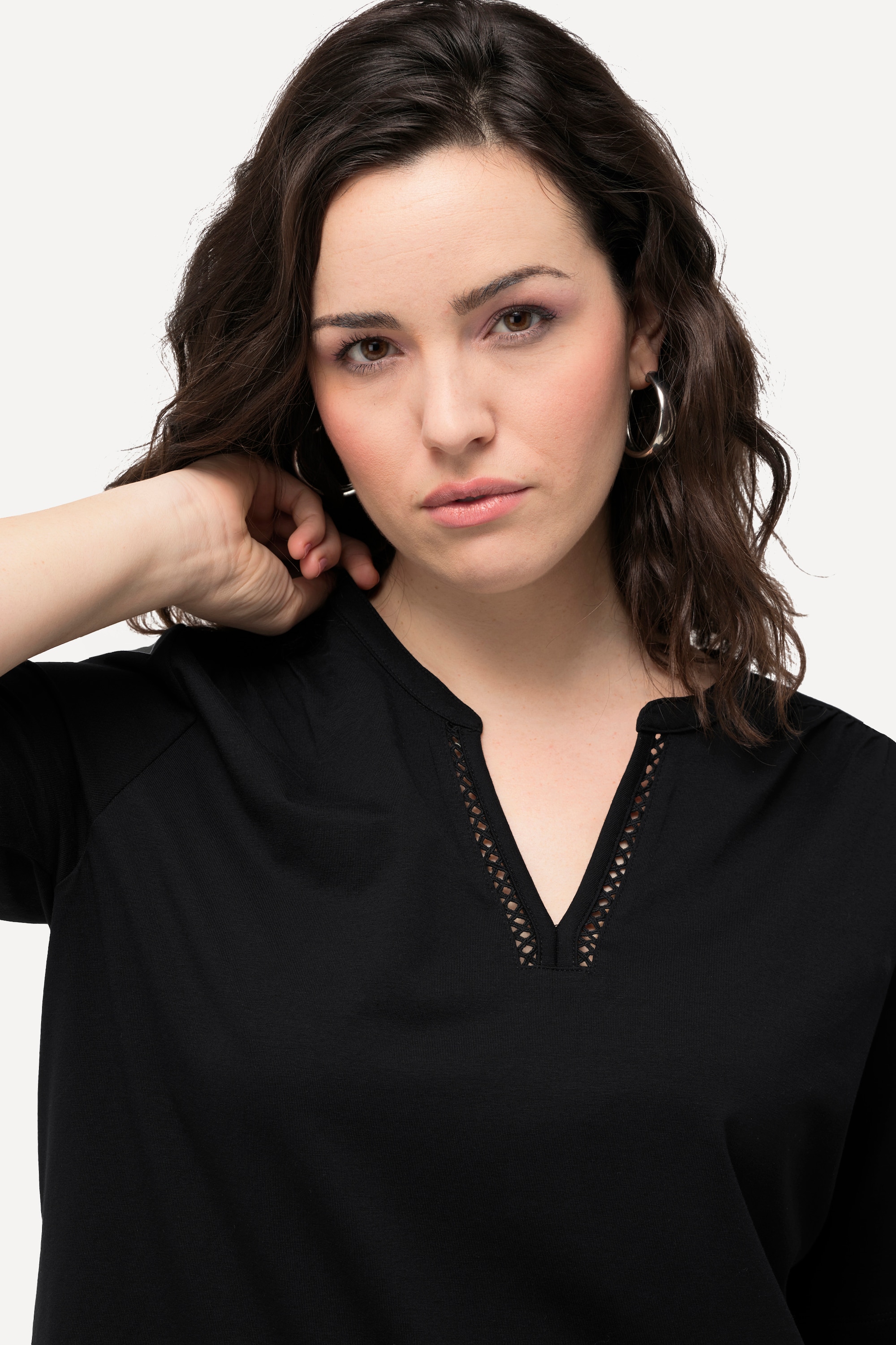 Ulla Popken Damen große Größen T Shirt Zierband Tunika Ausschnitt Halbarm 828104