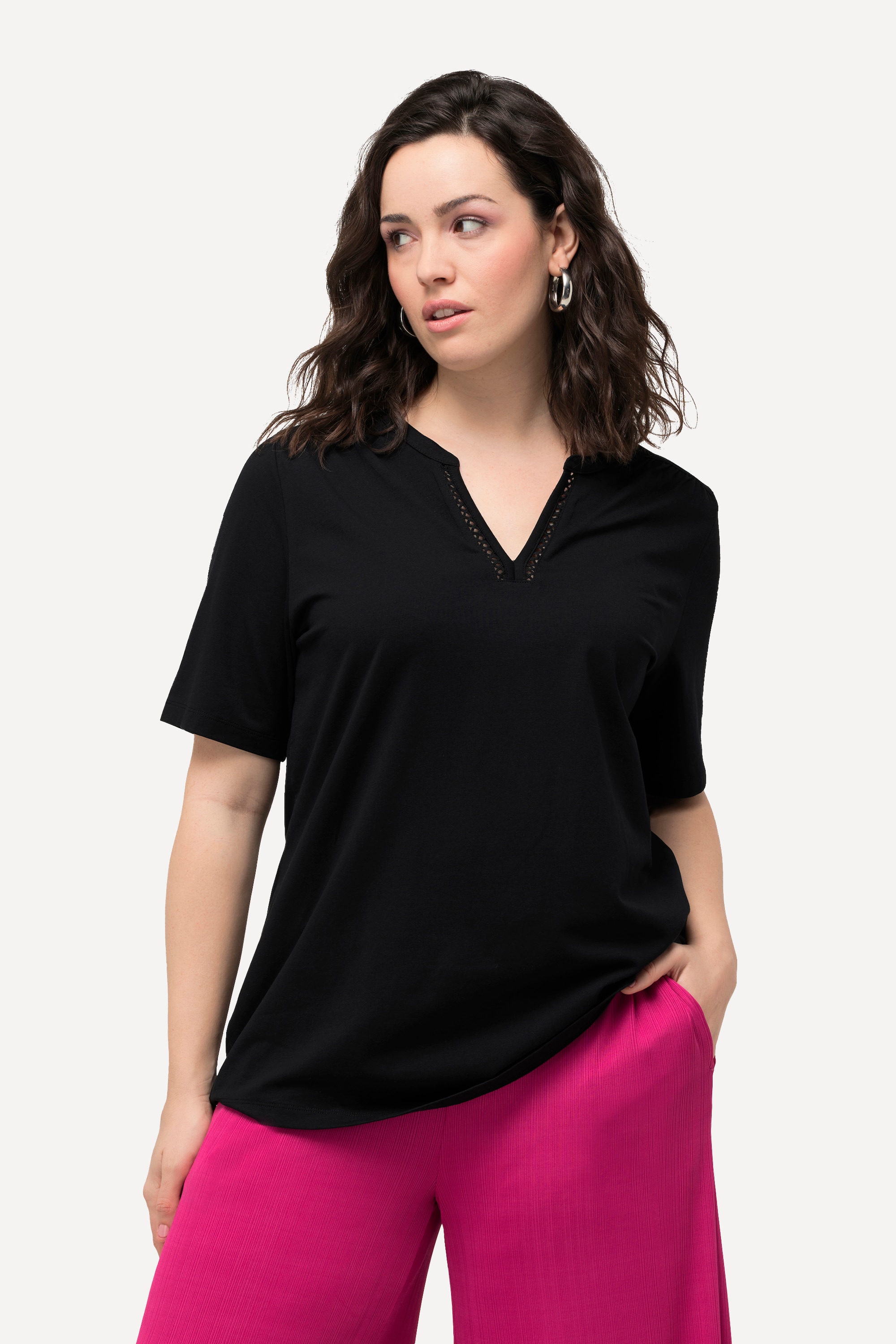 Ulla Popken Damen große Größen T Shirt Zierband Tunika Ausschnitt Halbarm 828104