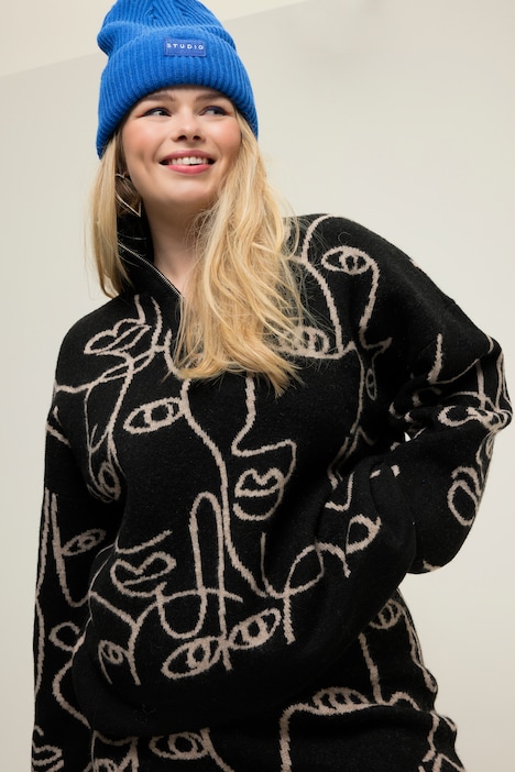 Troyer Collar Abstract Faces Sweater | Sweater | Sweaters