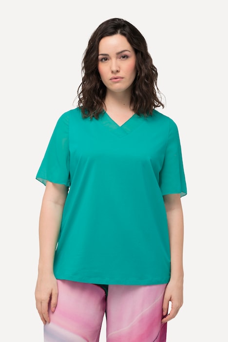 Chiffon Paneled Short Sleeve V-Neck Tee