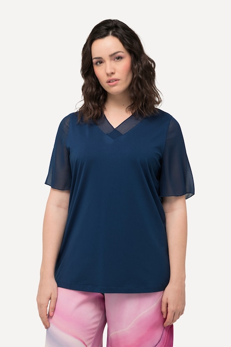 T-Shirt, Chiffon-trim, V-udskæring, korte chiffonærmer